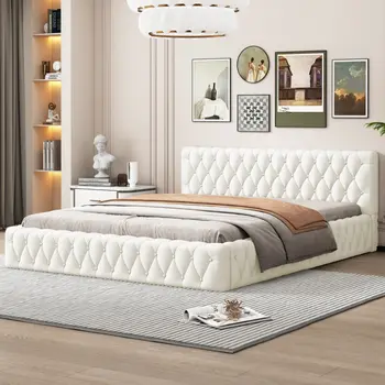 Beige Tufted Velvet Upholstered Queen Bed Frame