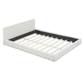 Beige Tufted Velvet Upholstered Queen Bed Frame