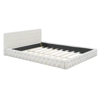 Beige Tufted Velvet Upholstered Queen Bed Frame