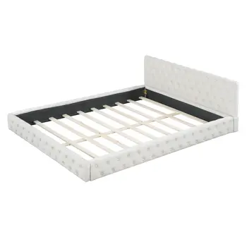 Beige Tufted Velvet Upholstered Queen Bed Frame