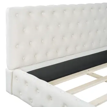 Beige Tufted Velvet Upholstered Queen Bed Frame