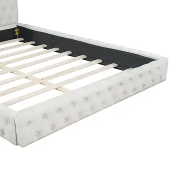 Beige Tufted Velvet Upholstered Queen Bed Frame