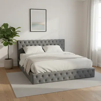Gray Tufted Velvet Upholstered Queen Bed Frame