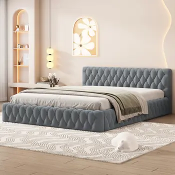 Gray Tufted Velvet Upholstered Queen Bed Frame