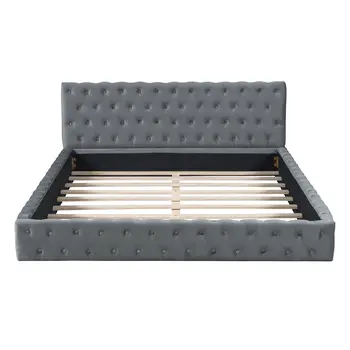 Gray Tufted Velvet Upholstered Queen Bed Frame