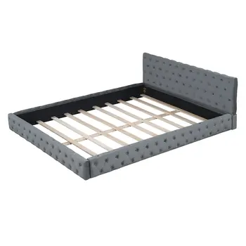 Gray Tufted Velvet Upholstered Queen Bed Frame