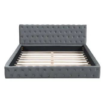 Gray Tufted Velvet Upholstered Queen Bed Frame