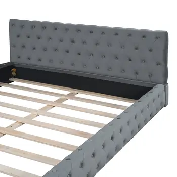 Gray Tufted Velvet Upholstered Queen Bed Frame