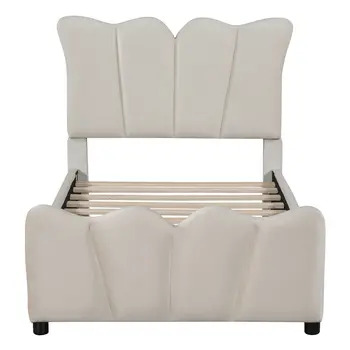 Beige Tufted Velvet Upholstered Twin Bed Frame