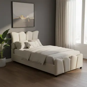 Beige Tufted Velvet Upholstered Twin Bed Frame