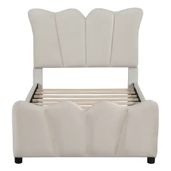 Beige Tufted Velvet Upholstered Twin Bed Frame