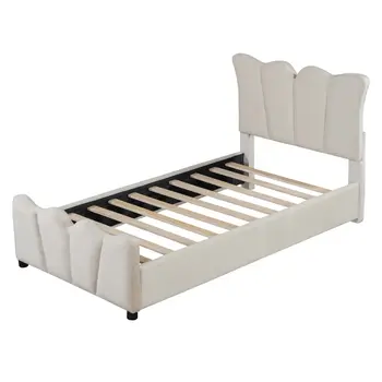 Beige Tufted Velvet Upholstered Twin Bed Frame