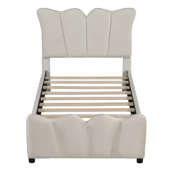 Beige Tufted Velvet Upholstered Twin Bed Frame