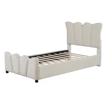 Beige Tufted Velvet Upholstered Twin Bed Frame