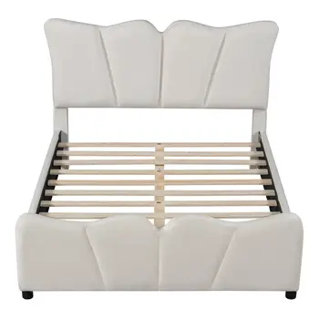 Beige Tufted Velvet Upholstered Full Bed Frame