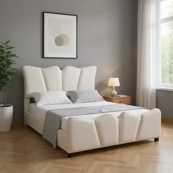 Beige Tufted Velvet Upholstered Full Bed Frame