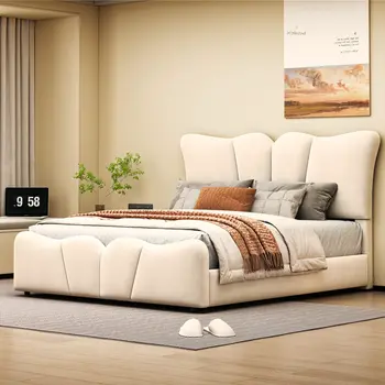 Beige Tufted Velvet Upholstered Full Bed Frame
