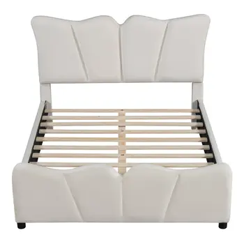 Beige Tufted Velvet Upholstered Full Bed Frame