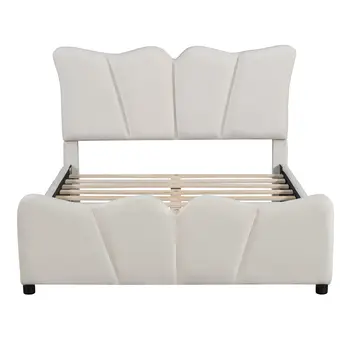 Beige Tufted Velvet Upholstered Full Bed Frame