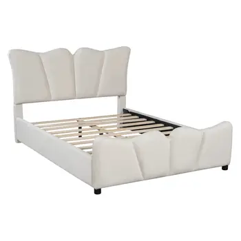 Beige Tufted Velvet Upholstered Full Bed Frame