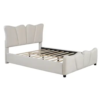 Beige Tufted Velvet Upholstered Full Bed Frame
