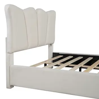 Beige Tufted Velvet Upholstered Full Bed Frame