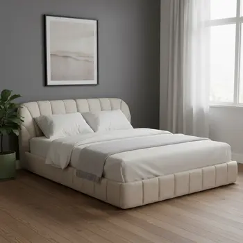 Beige Tufted Upholstered Queen Bed Frame