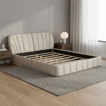Beige Tufted Upholstered Queen Bed Frame