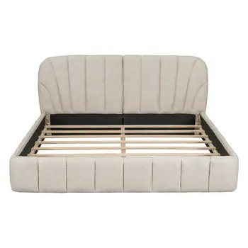 Beige Tufted Upholstered Queen Bed Frame