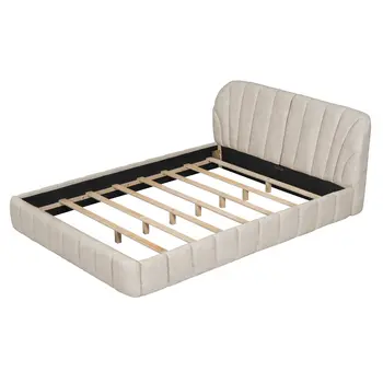 Beige Tufted Upholstered Queen Bed Frame