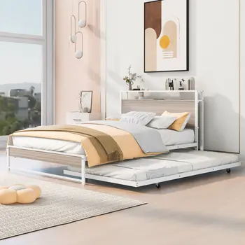 White Metal Full Bed Frame With Trundle