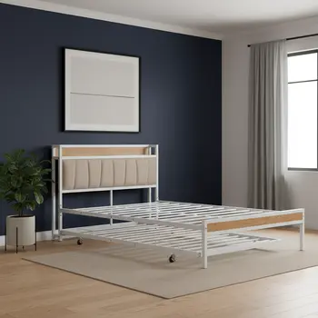 White Metal Full Bed Frame With Trundle