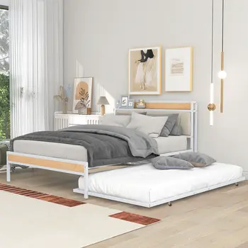 White Metal Full Bed Frame With Trundle