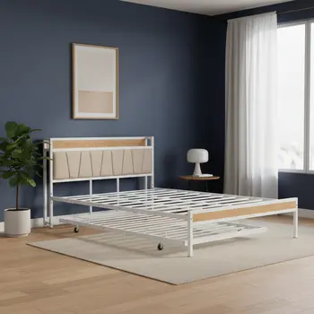 White Metal Queen Bed Frame With Trundle