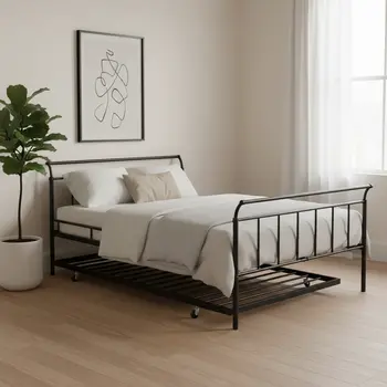 Black Metal Full Day Bed With Trundle