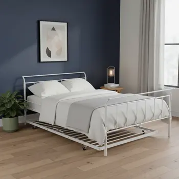 White Metal Full Day Bed With Trundle