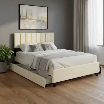 Beige Tufted Velvet Upholstered Queen Bed Frame With Trundle And Drawers