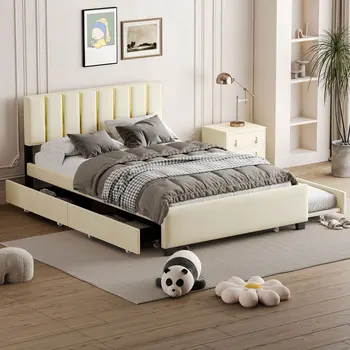 Beige Tufted Velvet Upholstered Queen Bed Frame With Trundle And Drawers