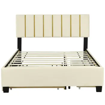 Beige Tufted Velvet Upholstered Queen Bed Frame With Trundle And Drawers