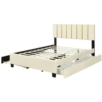 Beige Tufted Velvet Upholstered Queen Bed Frame With Trundle And Drawers