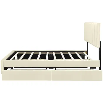 Beige Tufted Velvet Upholstered Queen Bed Frame With Trundle And Drawers