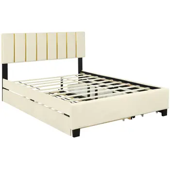 Beige Tufted Velvet Upholstered Queen Bed Frame With Trundle And Drawers