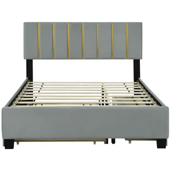Gray Tufted Velvet Upholstered Queen Bed Frame With Trundle And Drawers