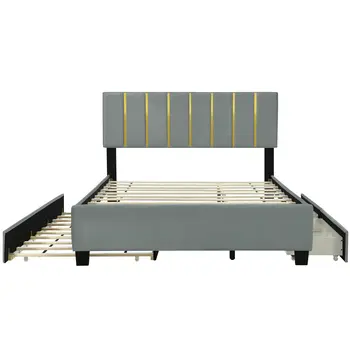 Gray Tufted Velvet Upholstered Queen Bed Frame With Trundle And Drawers