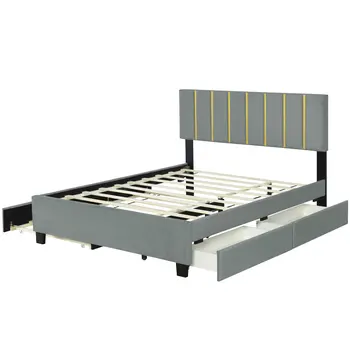 Gray Tufted Velvet Upholstered Queen Bed Frame With Trundle And Drawers