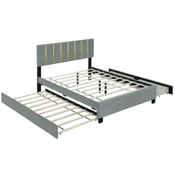 Gray Tufted Velvet Upholstered Queen Bed Frame With Trundle And Drawers