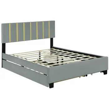 Gray Tufted Velvet Upholstered Queen Bed Frame With Trundle And Drawers