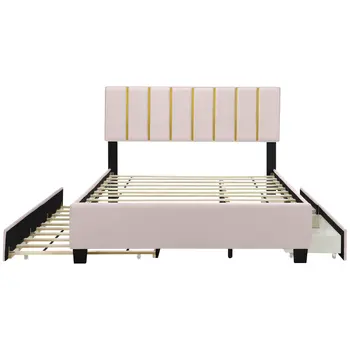 Pink Tufted Velvet Upholstered Queen Bed Frame With Trundle And Drawers