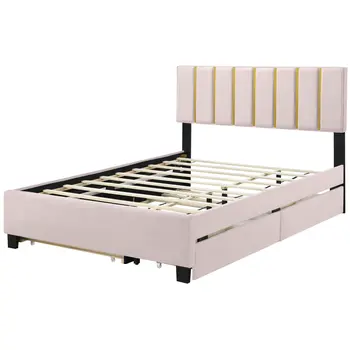 Pink Tufted Velvet Upholstered Queen Bed Frame With Trundle And Drawers