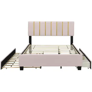 Pink Tufted Velvet Upholstered Queen Bed Frame With Trundle And Drawers